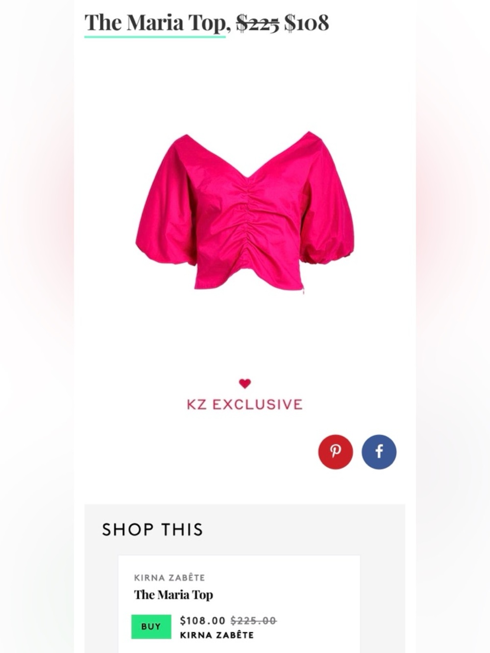 Kirna Zabete Hot Pink Puff Sleeve V-Neck Top